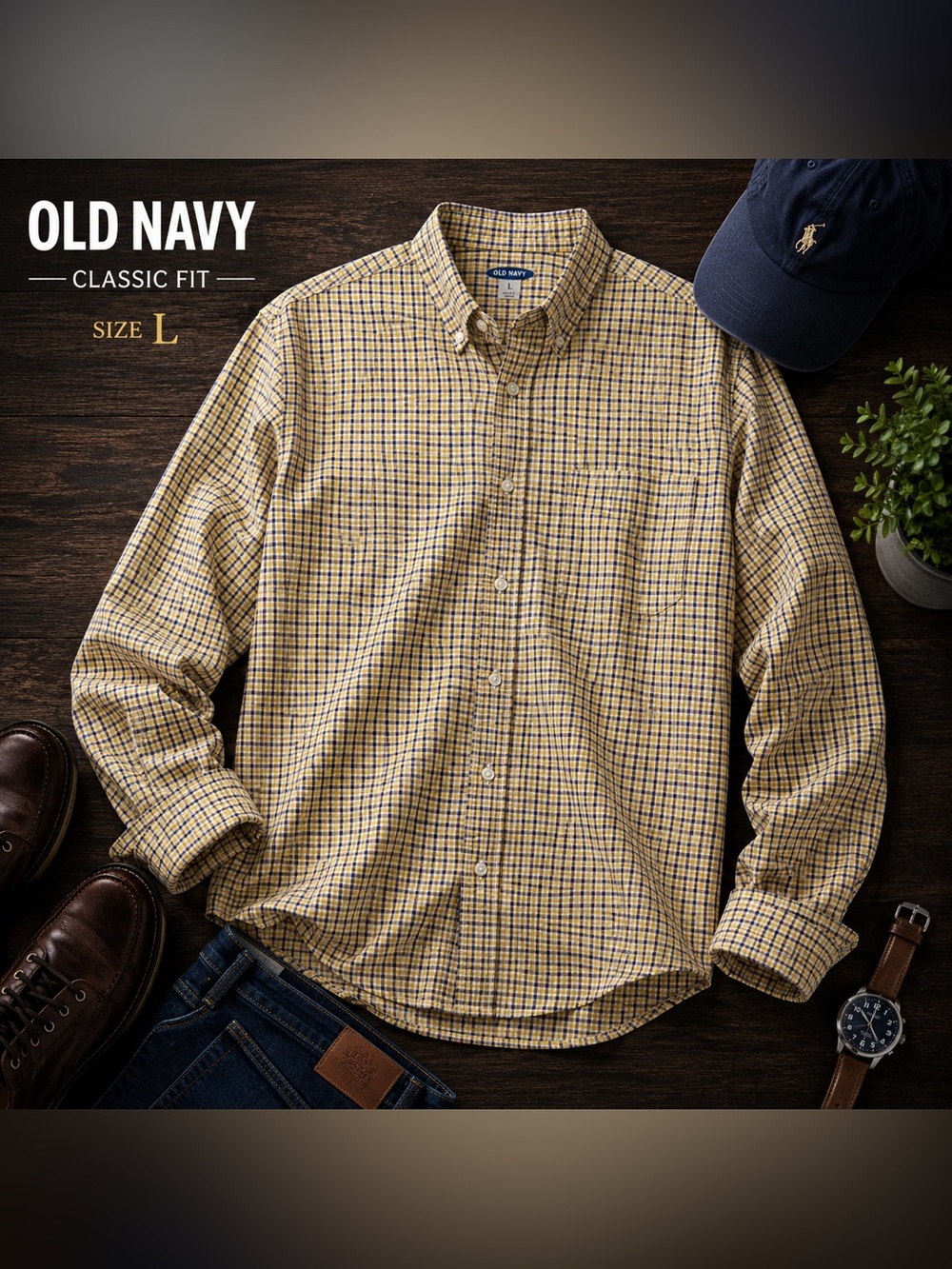 Old Navy Men's Yellow and Navy Plaid Button-Down Shirt